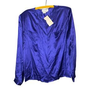 Lord & Taylor Vintage 100% Silk Blouse Womens 12 Blue Shoulder Pad Hidden Button